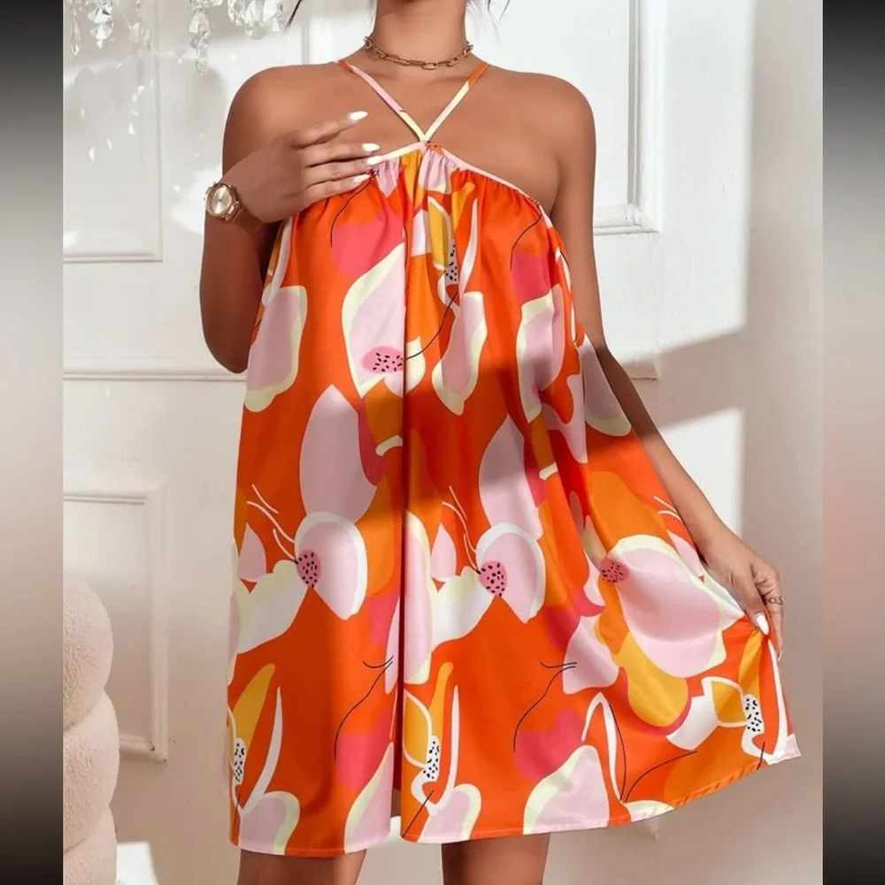 Boho Abstract Print Halter Dress Red - Picture 5 of 6